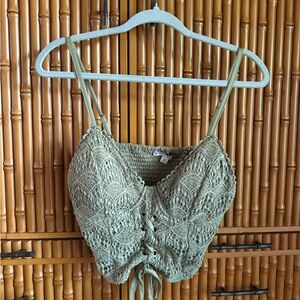 Haute Monde Olive Lace Crochet Tie Up Crop Top